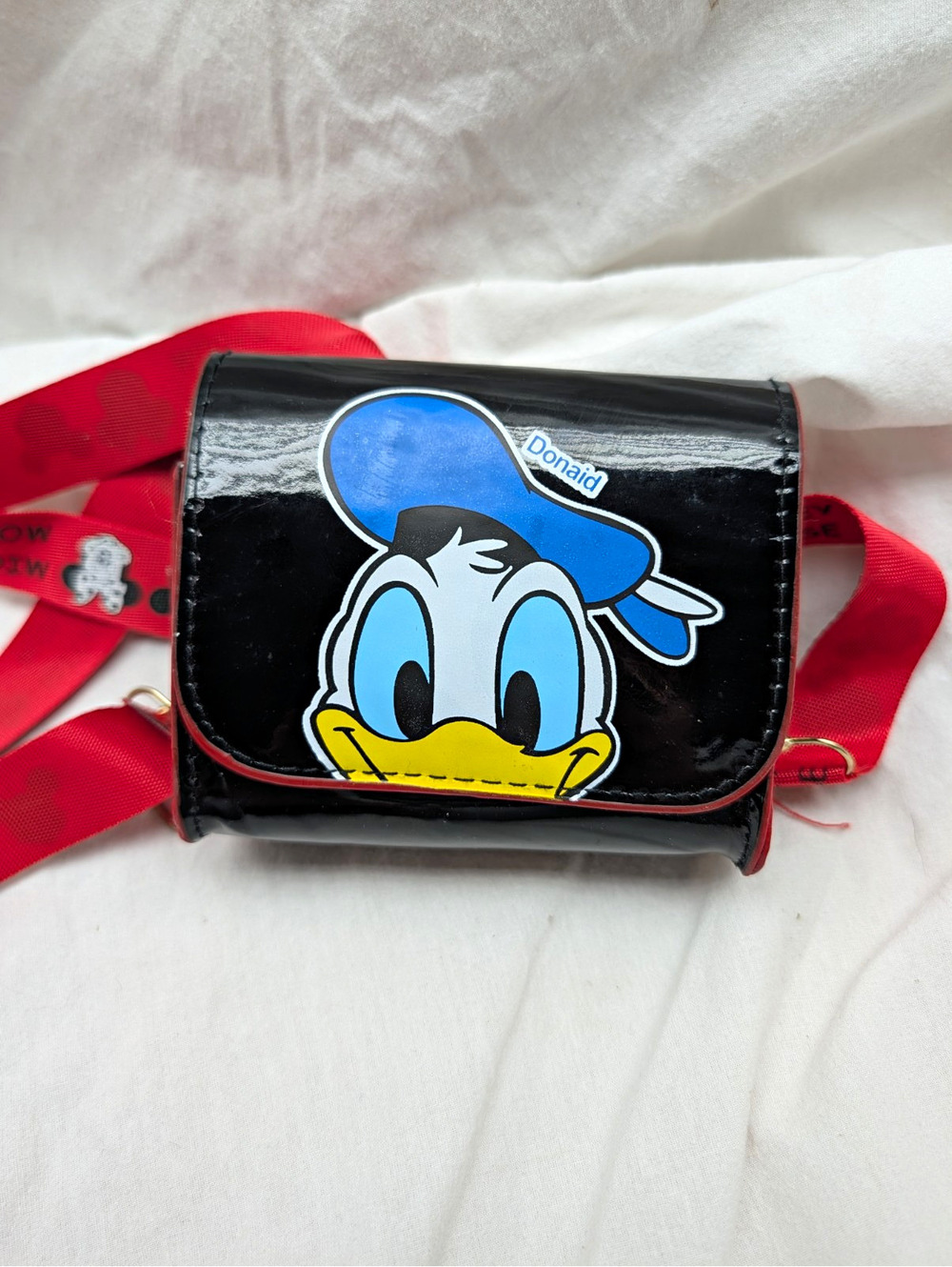 Disney Donald Duck Small Black Patent Crossbody Bag w/ Red Mickey Mouse Strap